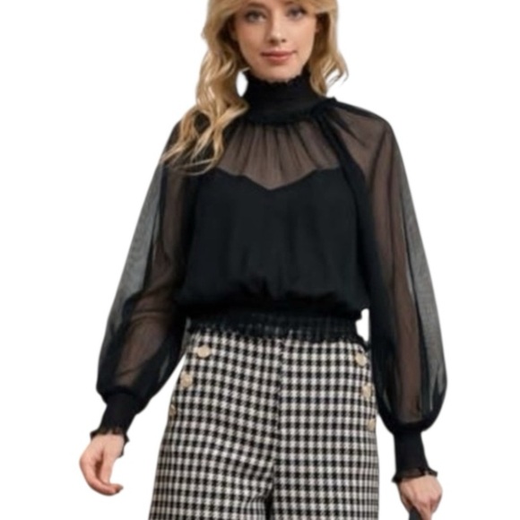 🌹NWT:BLU PEPPER SHEER HIGH NECK BLOUSE - Picture 1 of 11